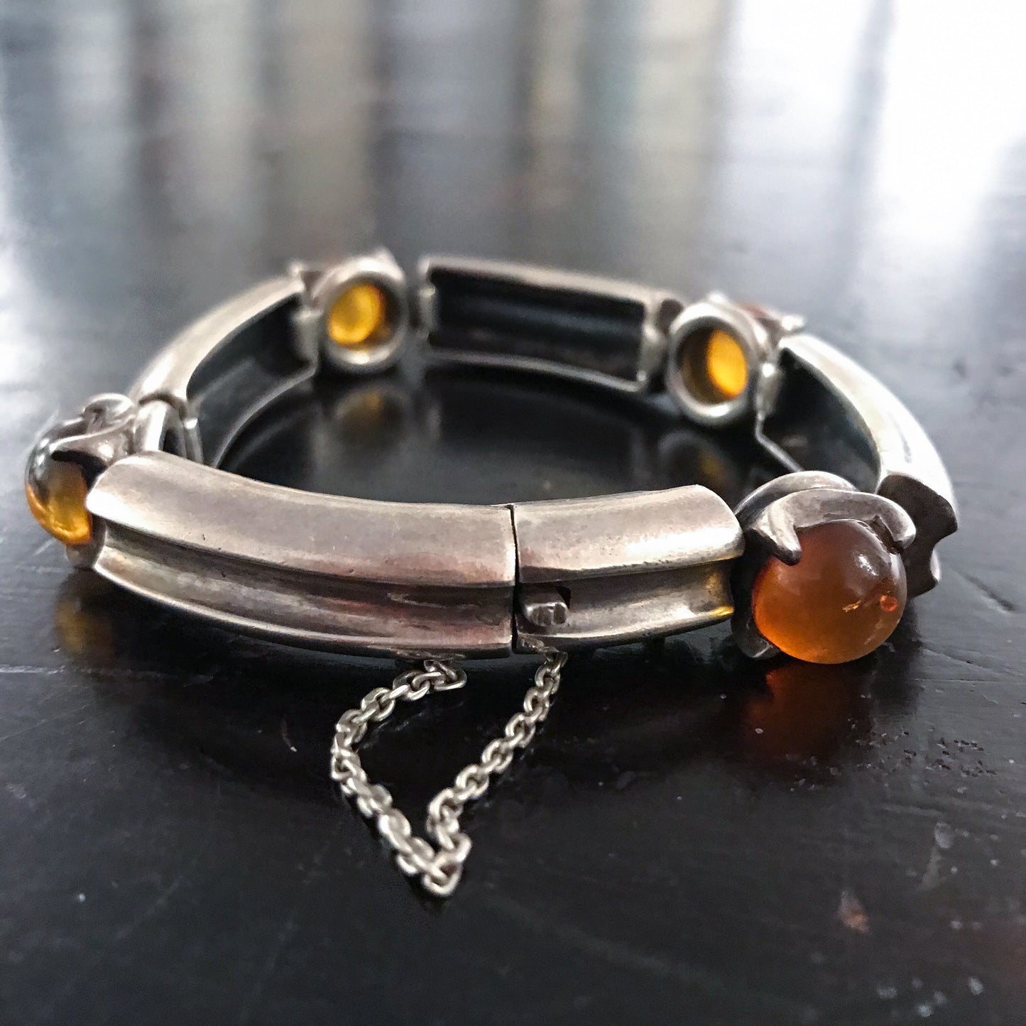 Vintage Modernist Chunky Amber Bracelet Sterling, Poland c. 1970