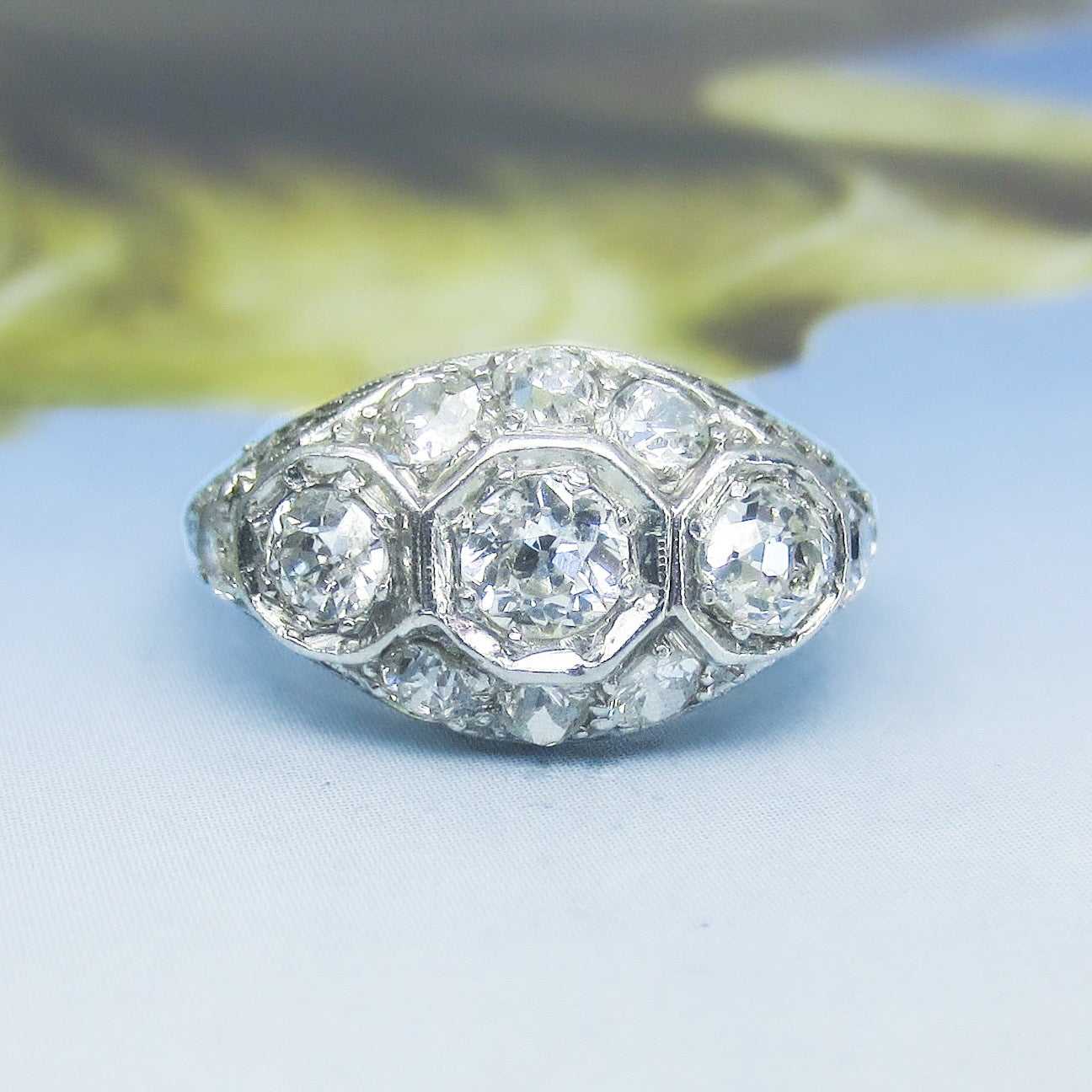 Art Deco Old Mine Diamond 1.62ctw Filigree Ring Platinum c. 1930