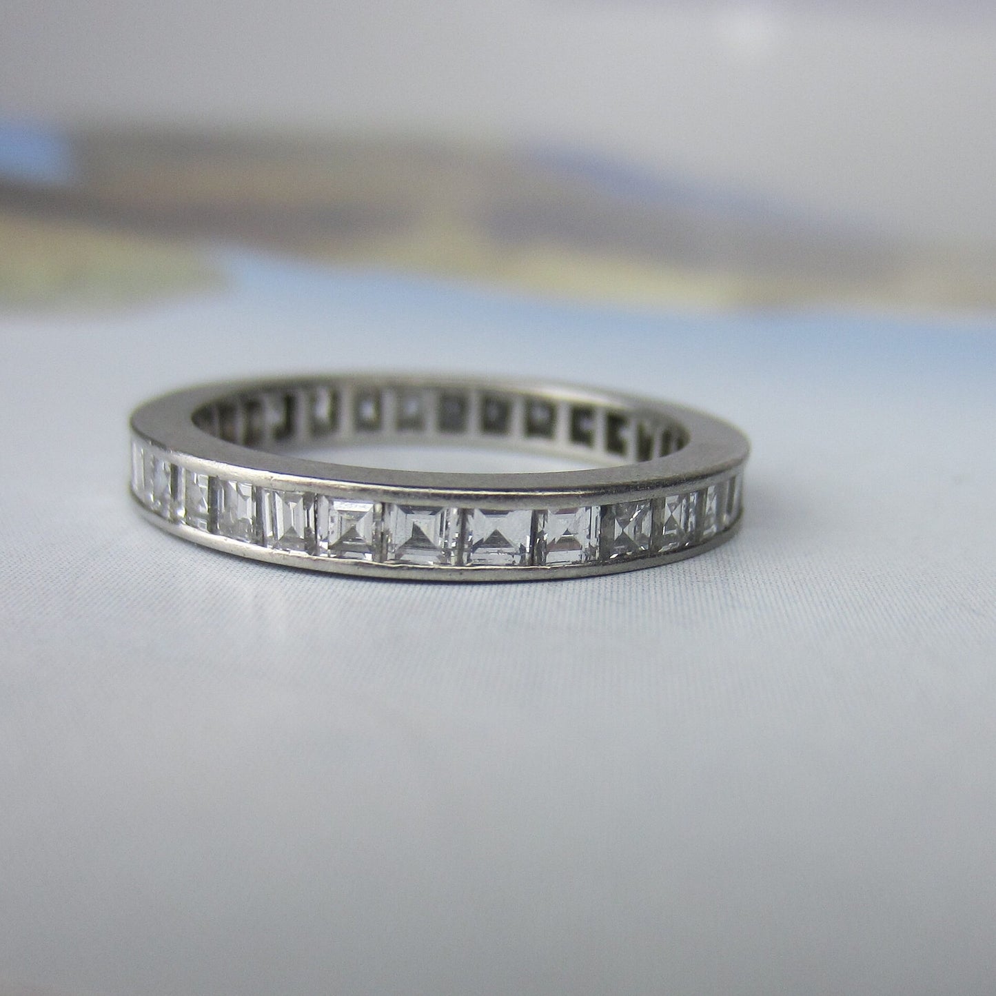 SOLD-Square Carre Cut Diamond Eternity Band Platinum, Size 6 c. 1940