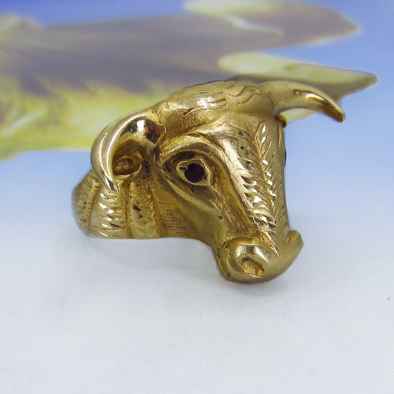 SOLD--Giant Bull Ring with Ruby Eyes 14k c. 1960