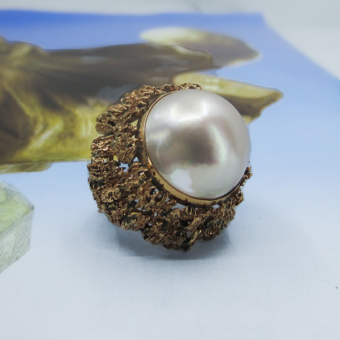 MidCentury HUGE Mabe Pearl Cocktail Ring 14k c. 1960