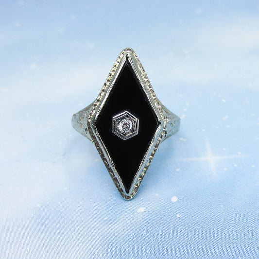 SOLD-Art Deco Diamond And Onyx Filigree Ring 14k c. 1930