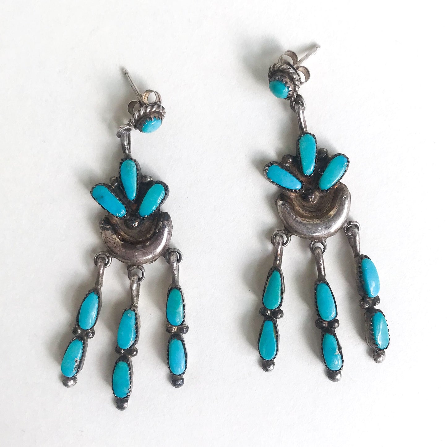 SOLD--Vintage Zuni Turquoise Fringe Drop Earrings Sterling c. 1960