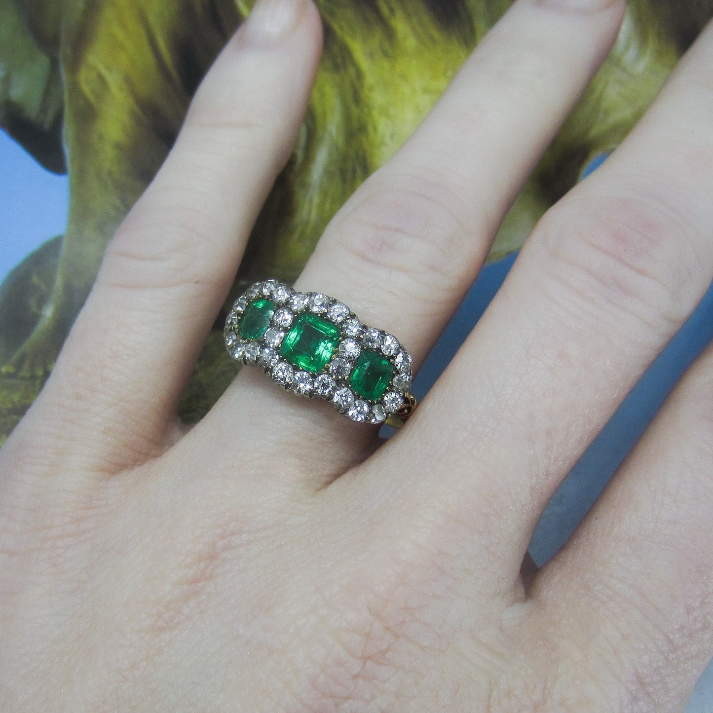 HOLD--Incredible Victorian Emerald and Diamond Cluster Ring Silver/18k c. 1850