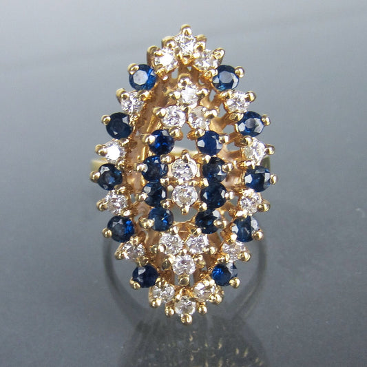 SOLD--GIANT Mid-Century Diamond and Sapphire Navette Cocktail Ring 14k c. 1960