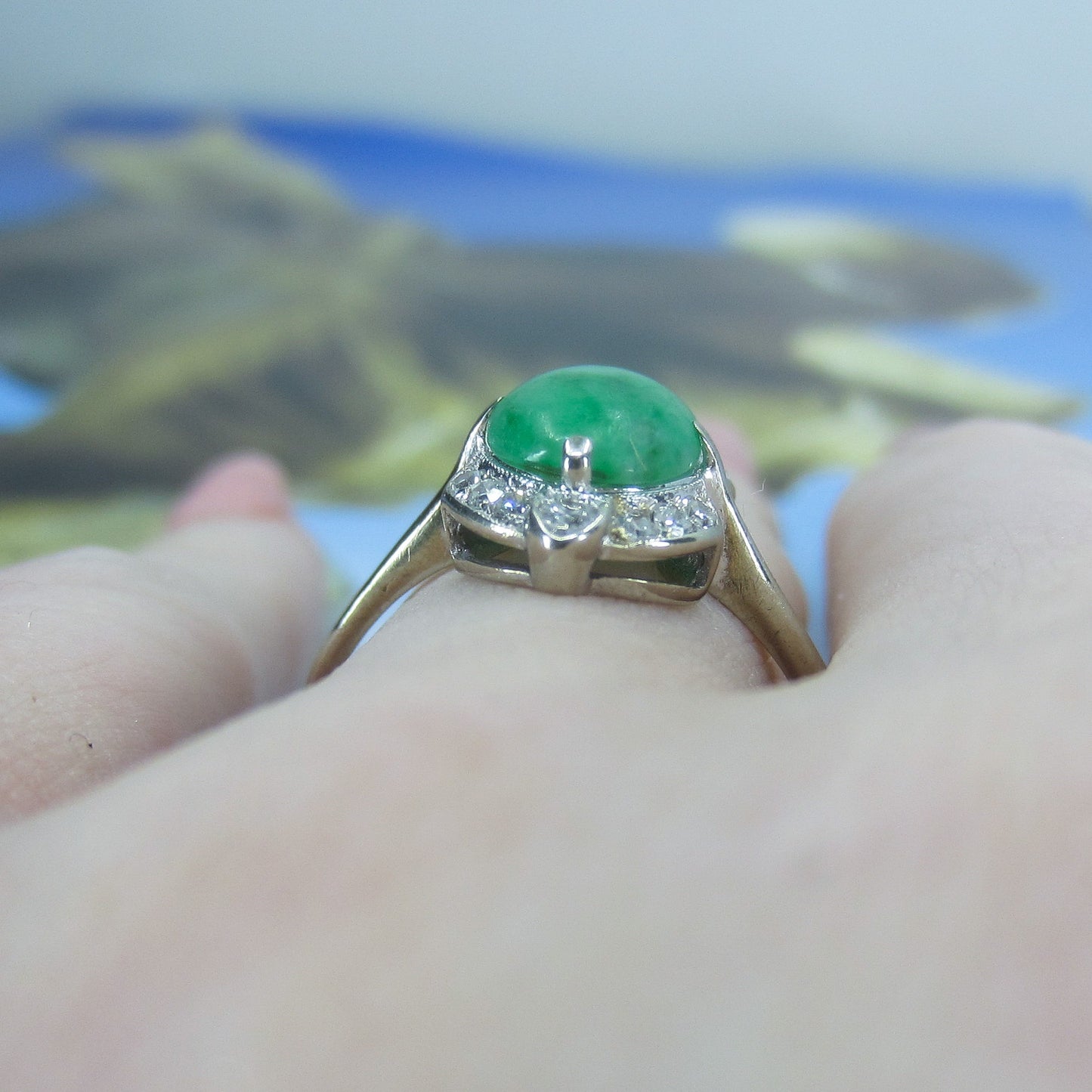SOLD--Late Art Deco Jade and Diamond Ring 14k c. 1940