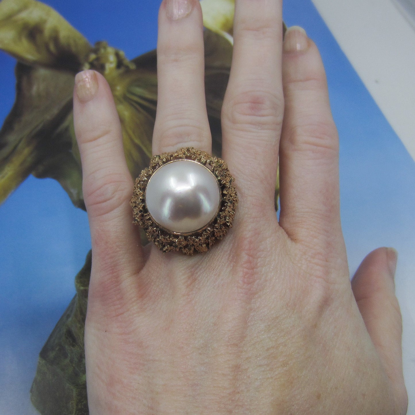 MidCentury HUGE Mabe Pearl Cocktail Ring 14k c. 1960