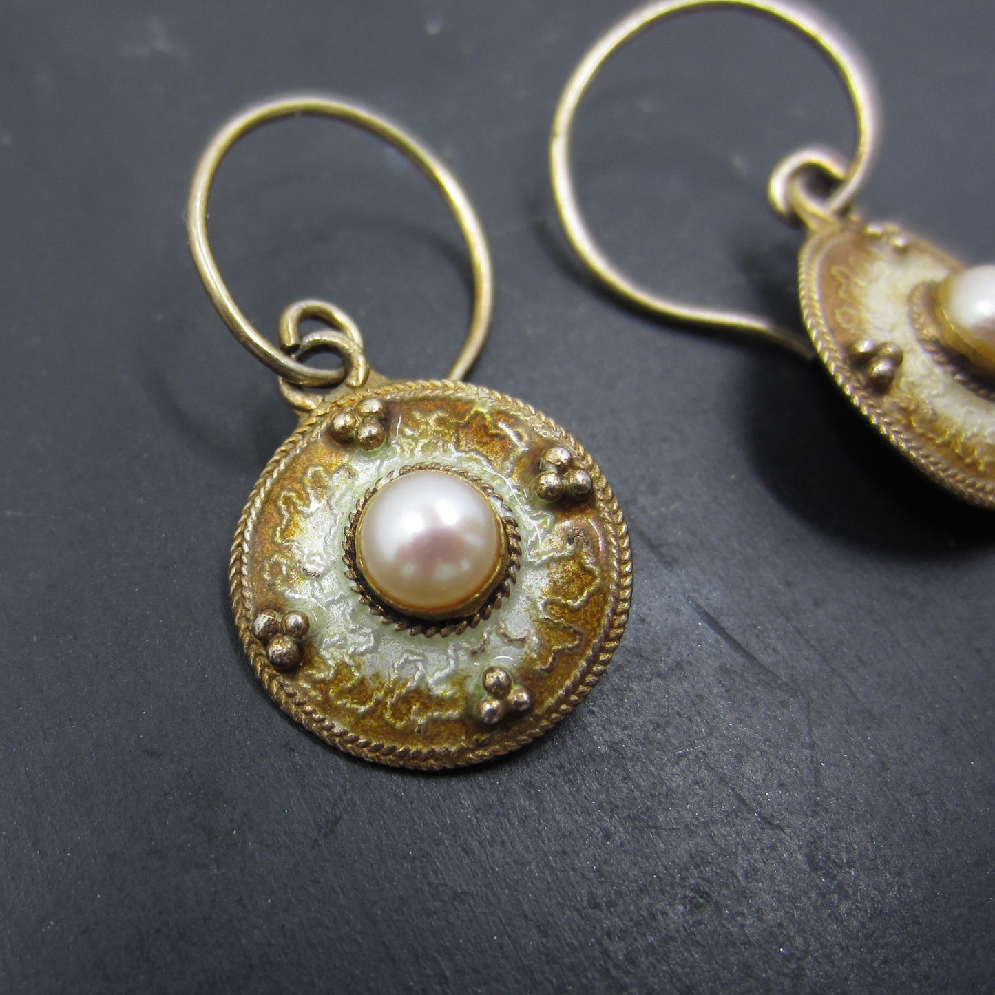 SOLD-Vintage Enamel and Pearl Drop Earrings Gilt Sterling, Scandinavian c. 1970