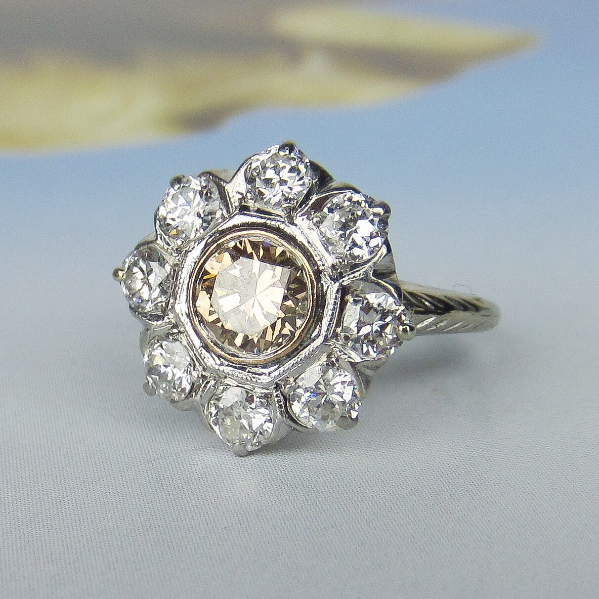 SOLD--Art Deco Old Cut Diamond 1.85ctw Cluster Ring 14k c. 1940