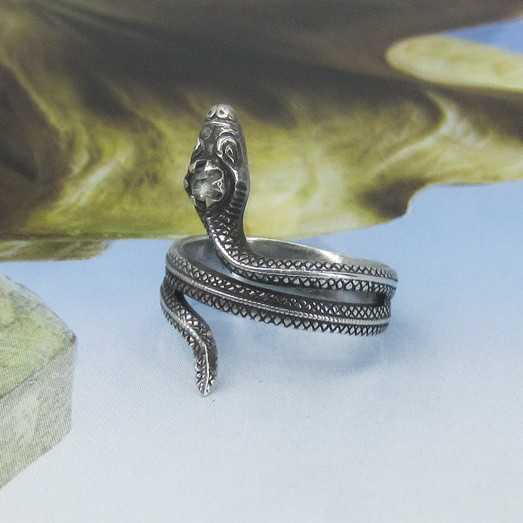 SOLD-Vintage Rose Cut Diamond Snake Ring Sterling, size 6.75 Russian c. 1970