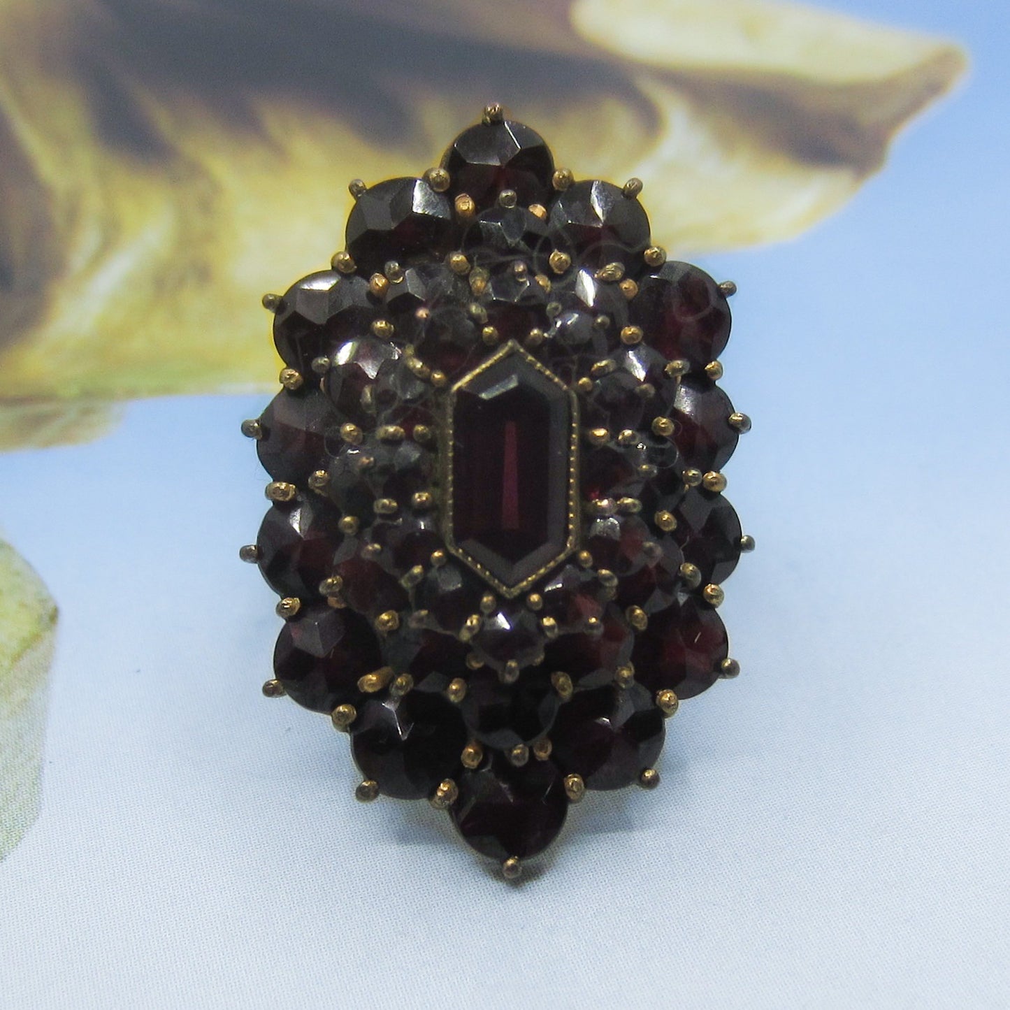 SOLD--Art Deco Huge Bohemian Garnet Cluster Ring Brass/14k c. 1930