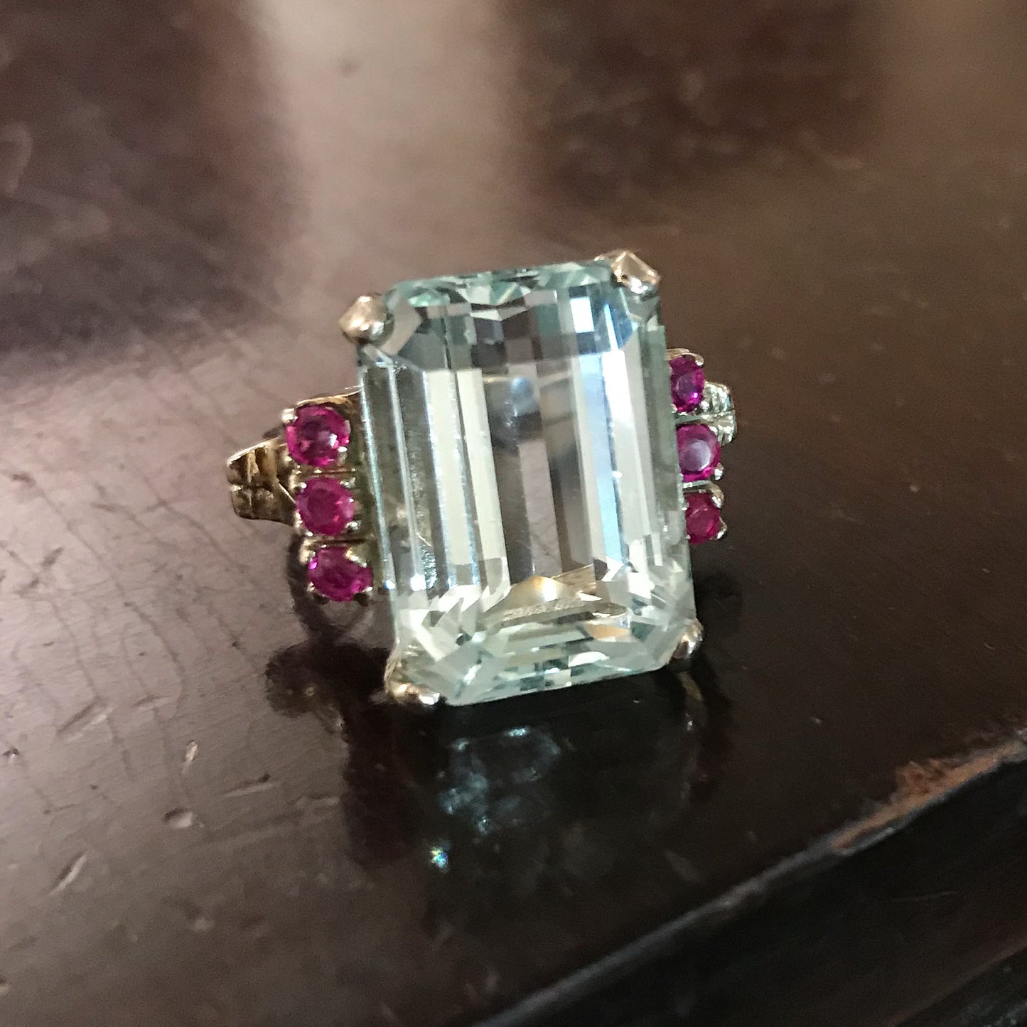 SOLD--Retro Aquamarine and Ruby Ring 14k c. 1940