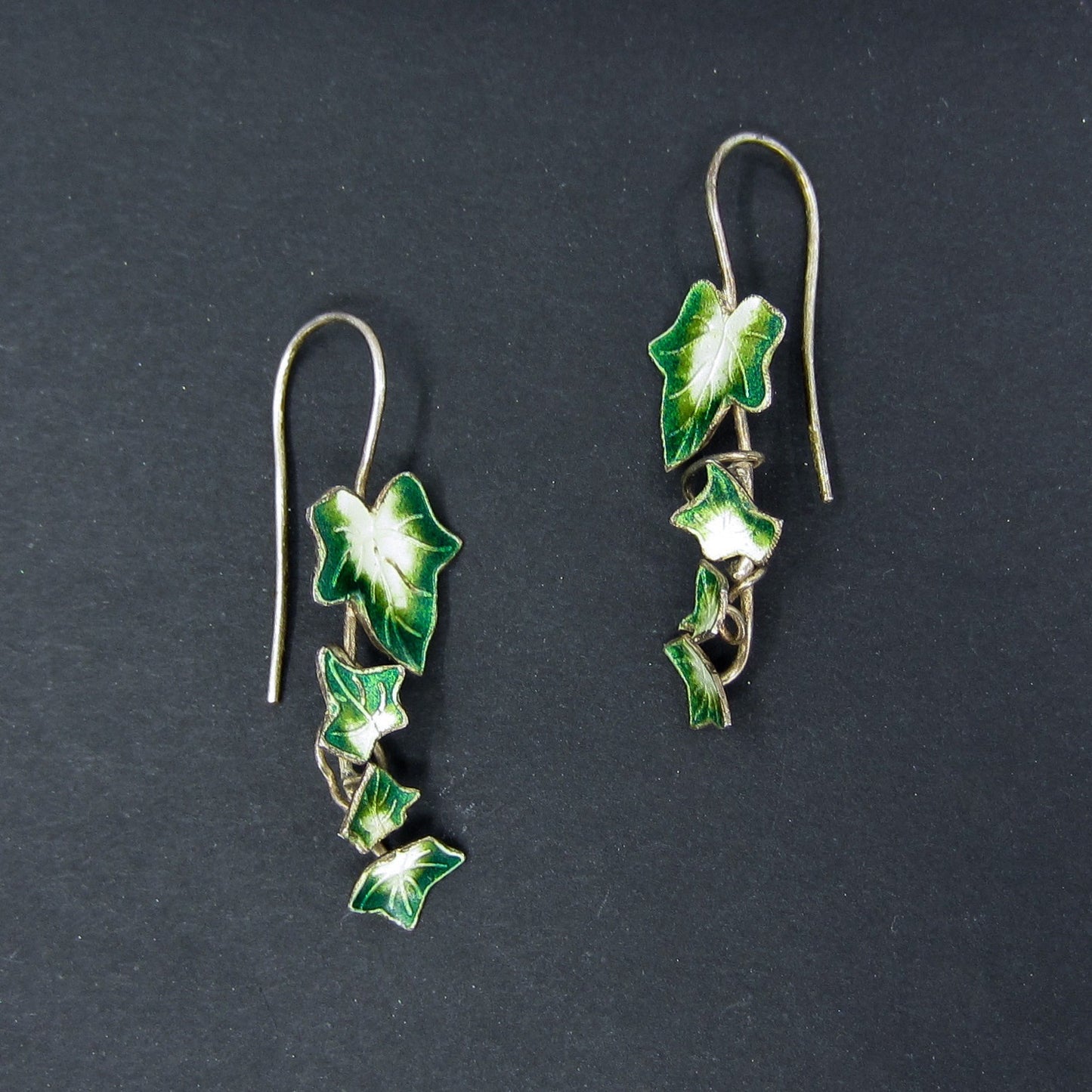 SOLD-Vintage Scandinavian Enamel Ivy Earrings Gilt Sterling c. 1970