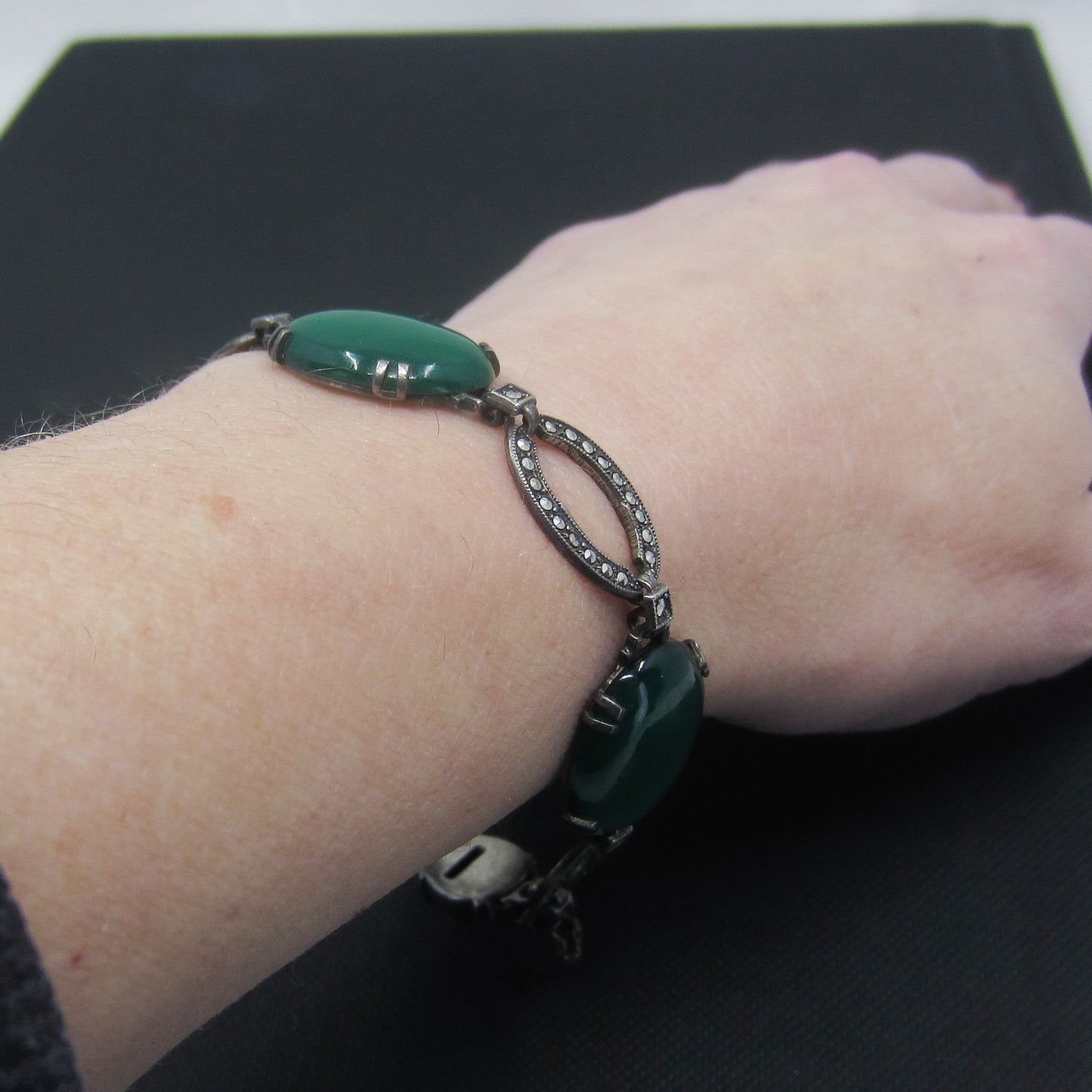 SOLD--Art Deco Green Chalcedony and Marcasite Bracelet Sterling c. 1930