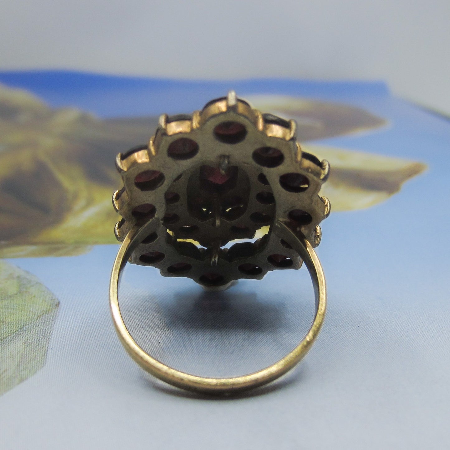 SOLD--Art Deco Huge Bohemian Garnet Cluster Ring Brass/14k c. 1930