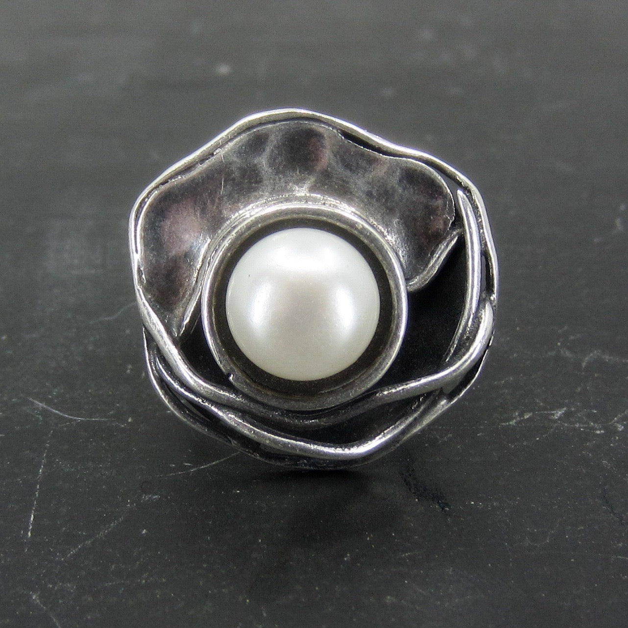 SOLD--Modernist Pearl Ring Sterling Silver c. 1970