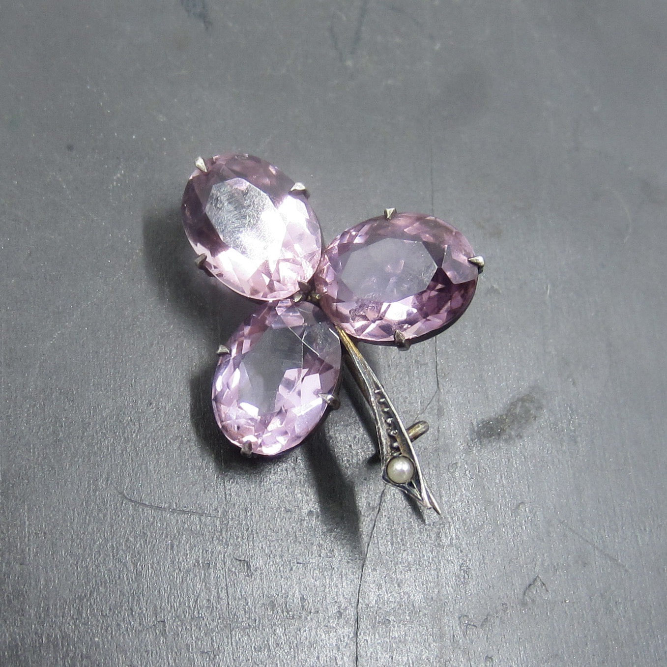 Victorian Amethyst and Pearl Clover Brooch Sterling Silver c. 1890