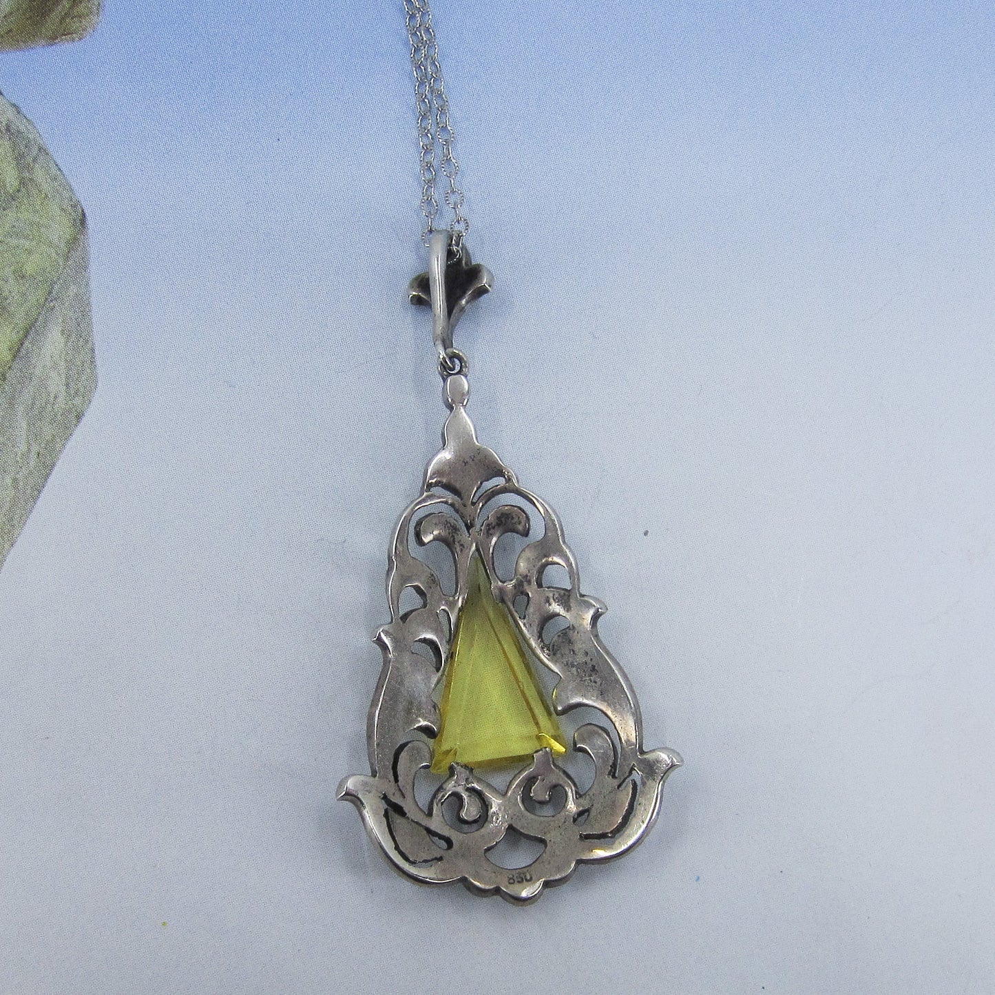 SOLD--Art Deco Marcasite and Yellow Glass Pendant Sterling Silver c. 1930