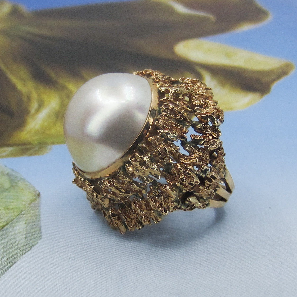 MidCentury HUGE Mabe Pearl Cocktail Ring 14k c. 1960