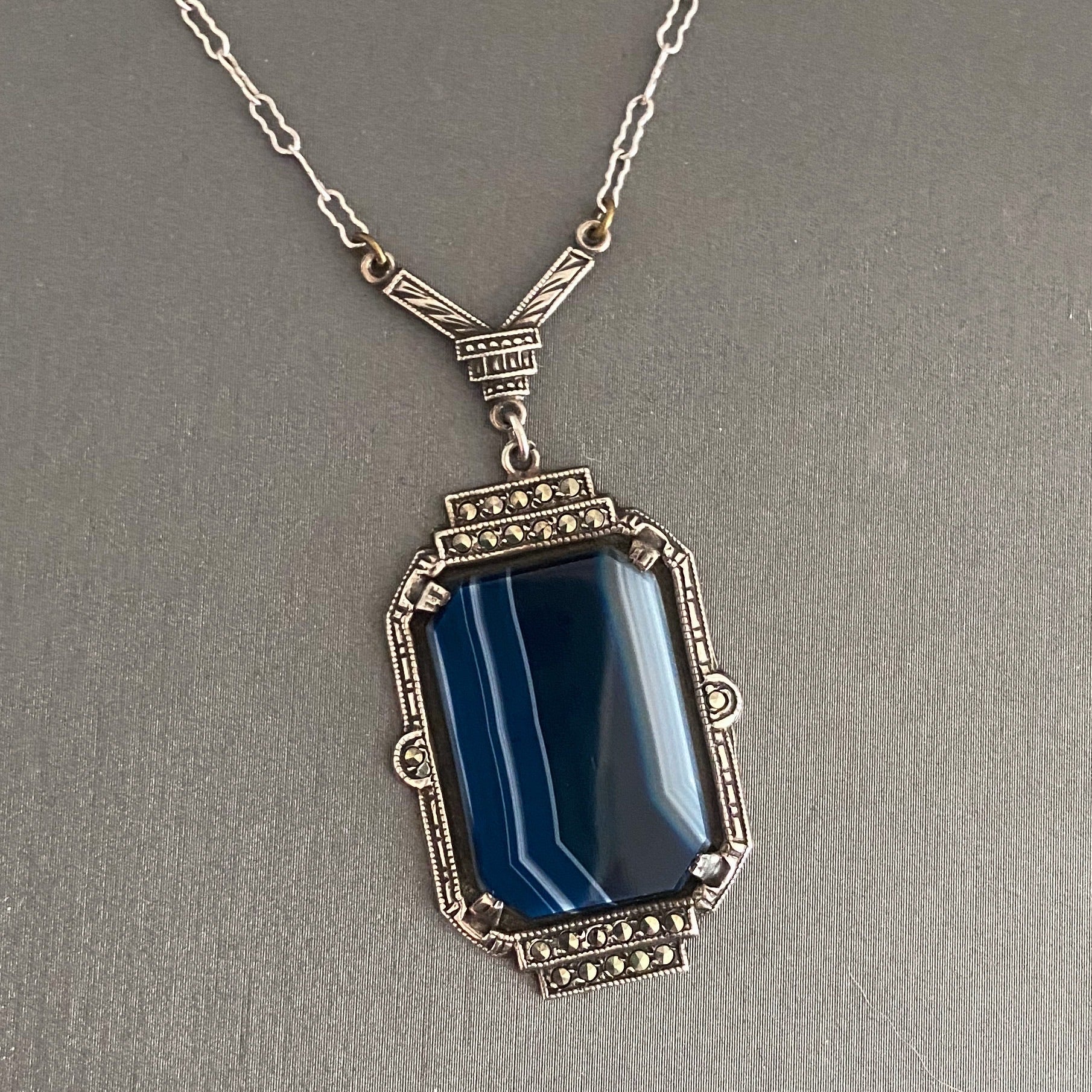 SOLD--Art Deco Marcasite and Blue Agate Necklace Sterling c. 1930