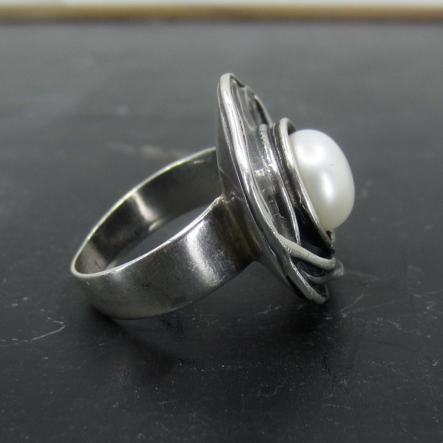 SOLD--Modernist Pearl Ring Sterling Silver c. 1970
