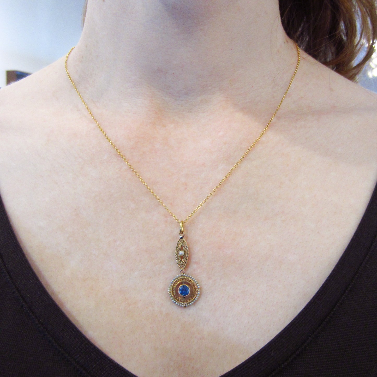 SOLD-Edwardian Seed Pearl and Blue Glass Pendant 10k c. 1910