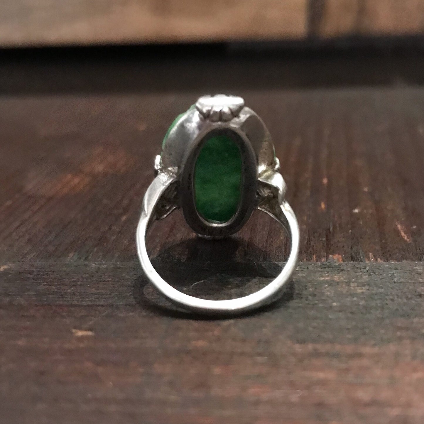 SOLD--Art Deco Carved Jade Ring Sterling c. 1930