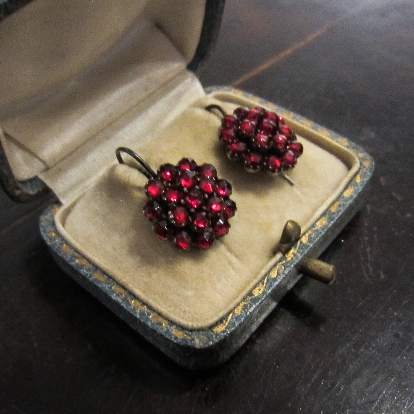 SOLD-Victorian Bohemian Garnet Cluster Earrings Silver c. 1890