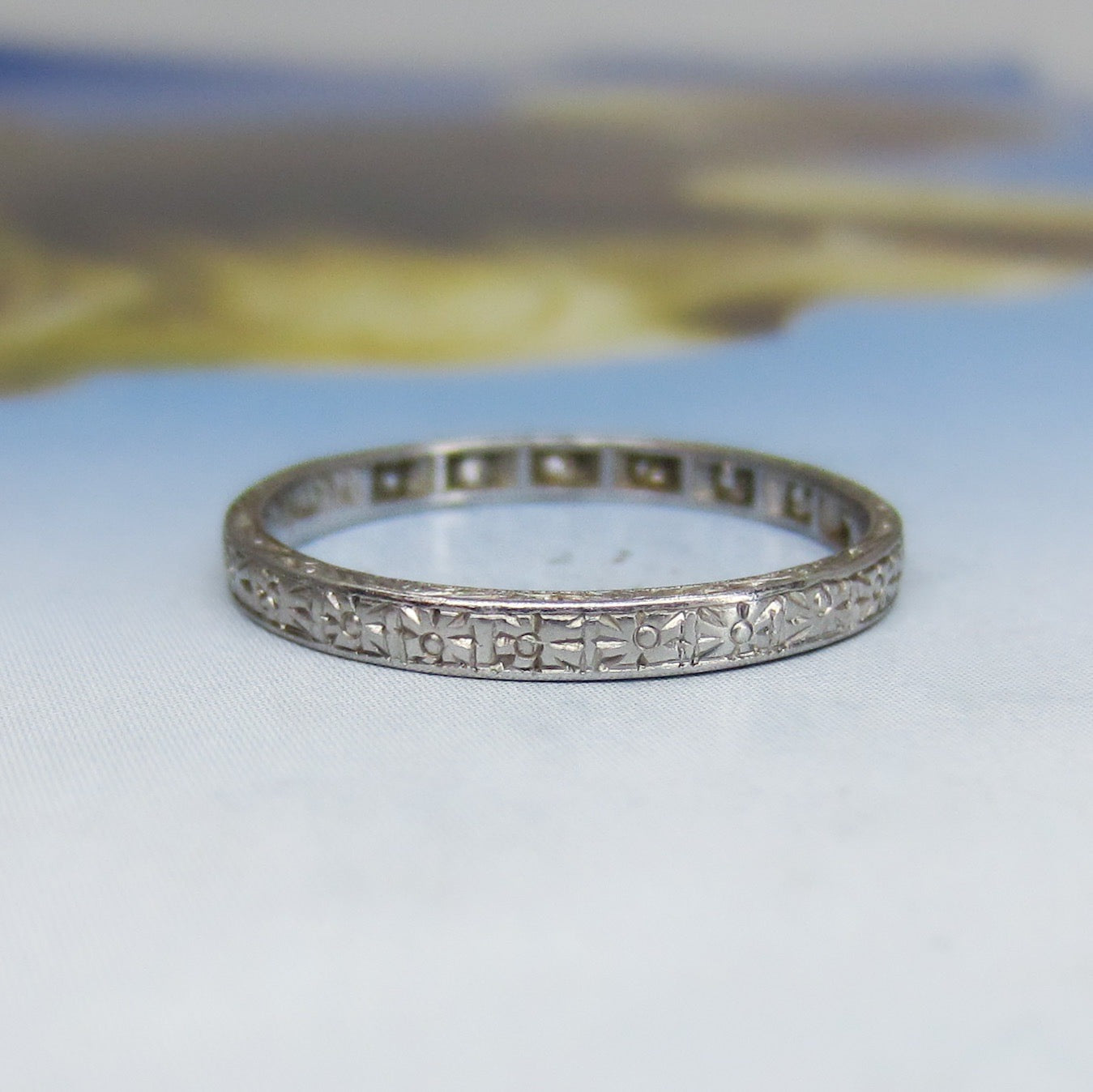 SOLD-Art Deco Diamond Engraved Band Platinum c. 1920