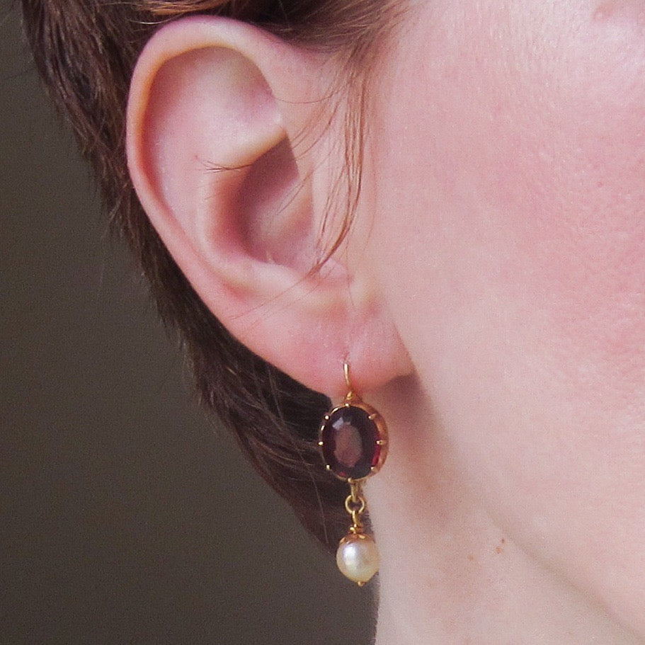 SOLD-Mid-Century Garnet and Pearl Drop Earrings 14k c. 1960