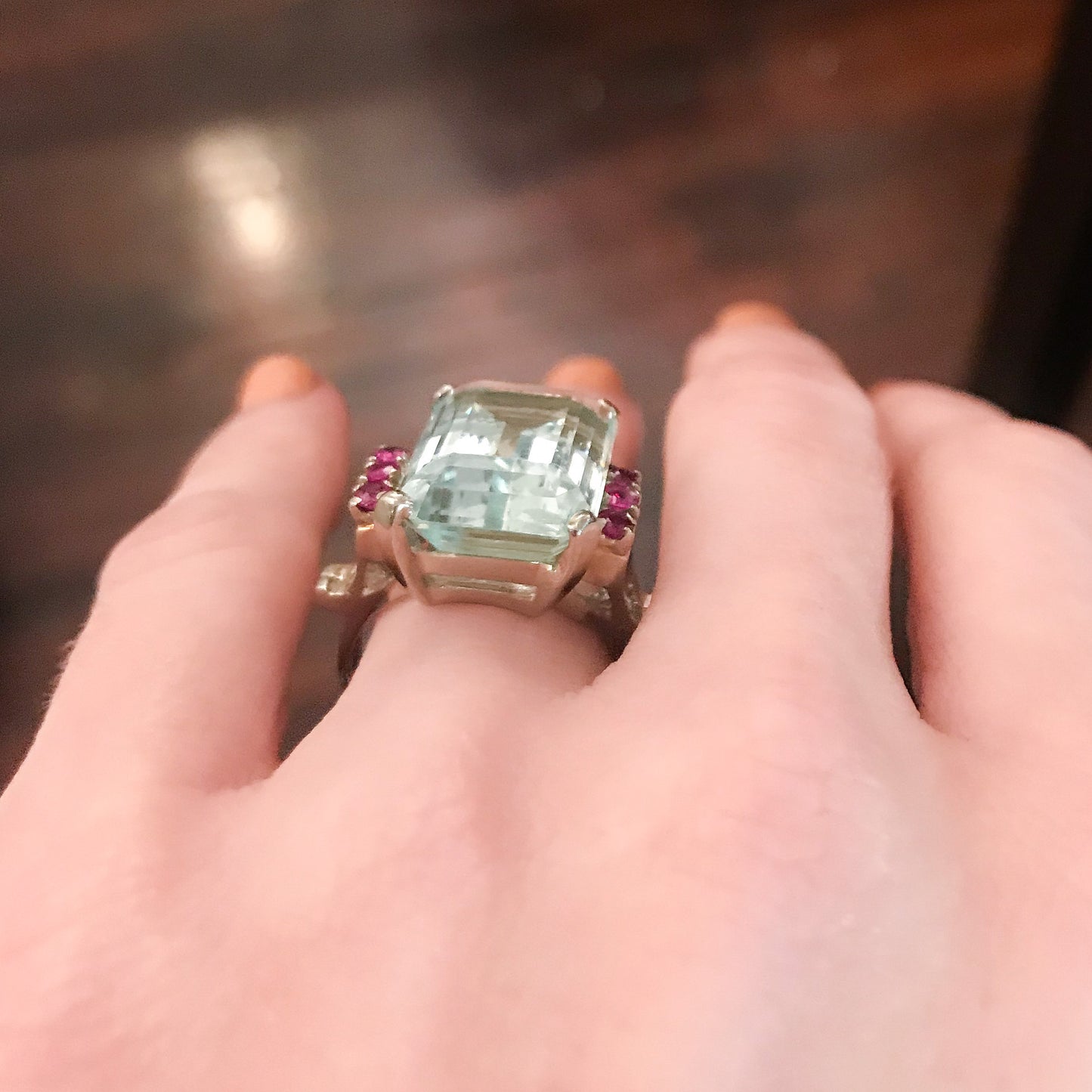 SOLD--Retro Aquamarine and Ruby Ring 14k c. 1940