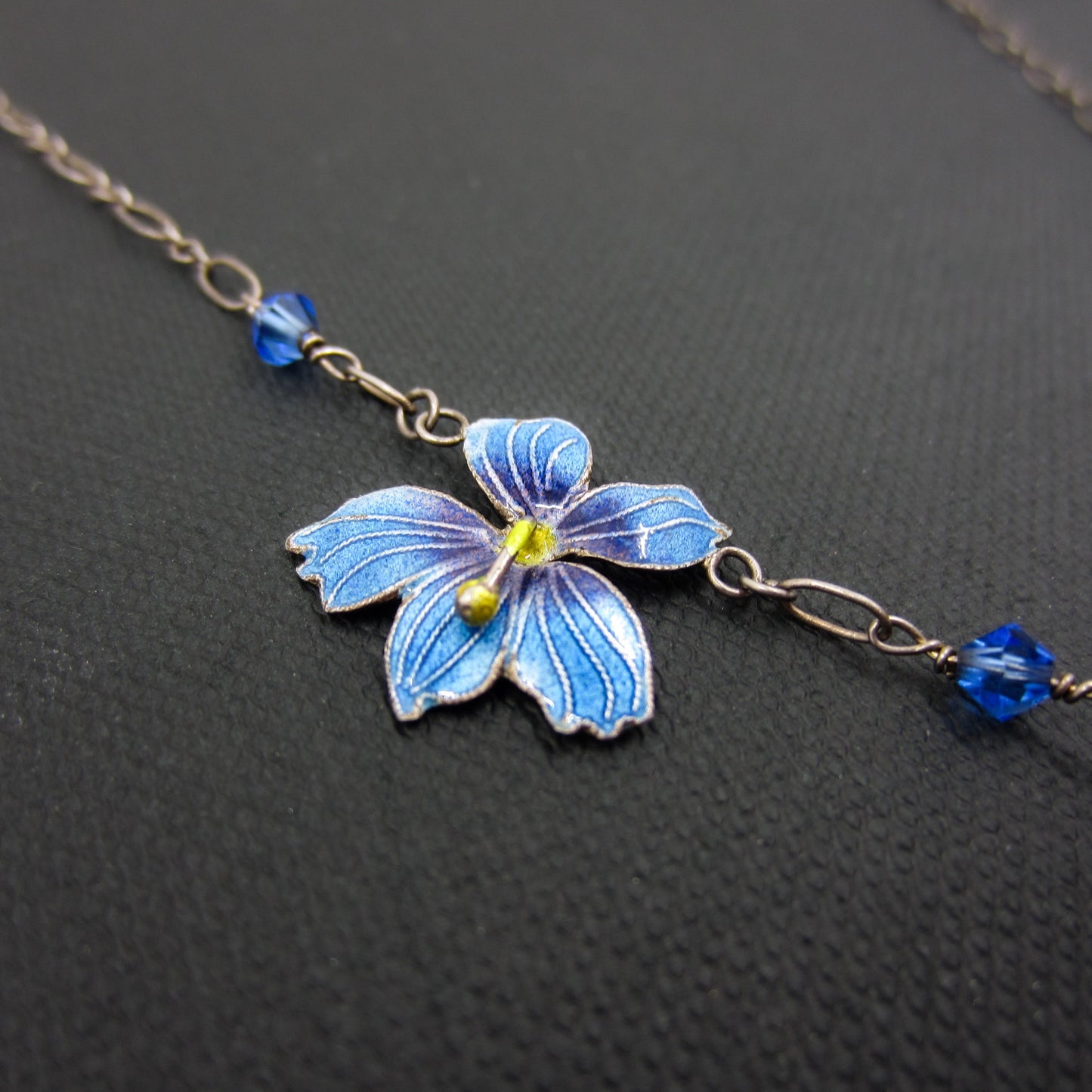 SOLD--Vintage Blue Enamel Flower Necklace Sterling, Scandinavian c. 1970