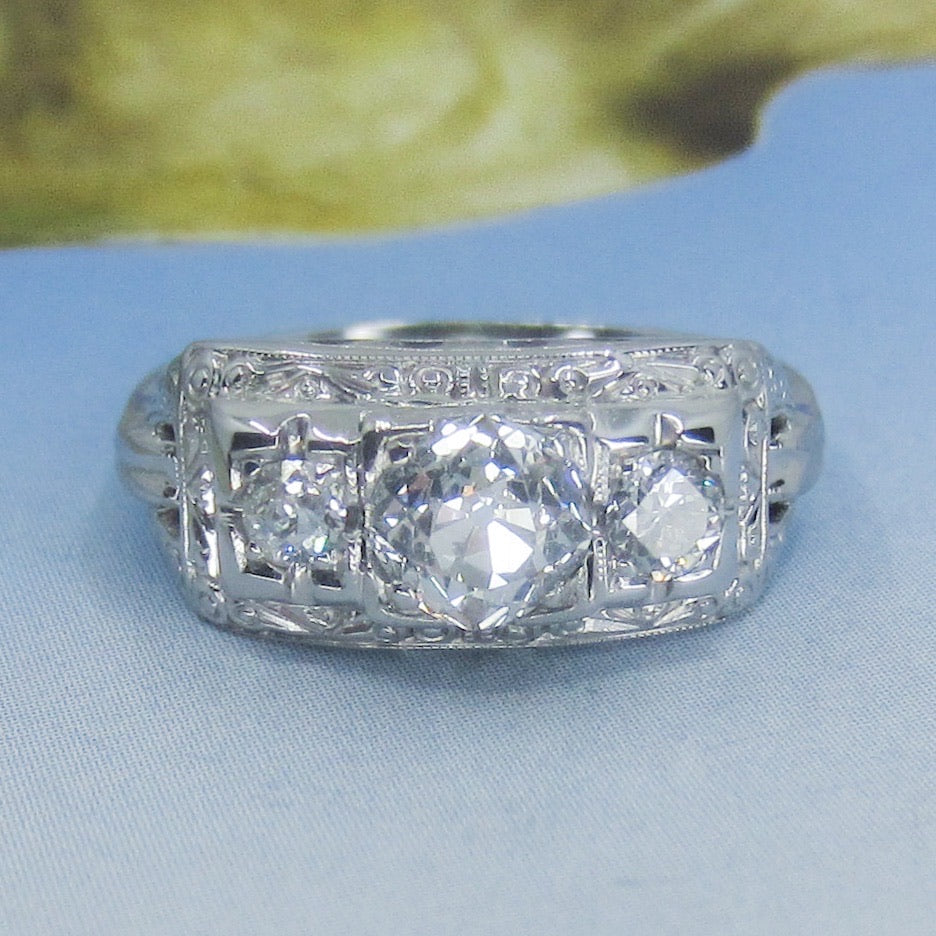 SOLD— Art Deco Three Stone Diamond 1.17ctw Ring 18k, Jabel c. 1930