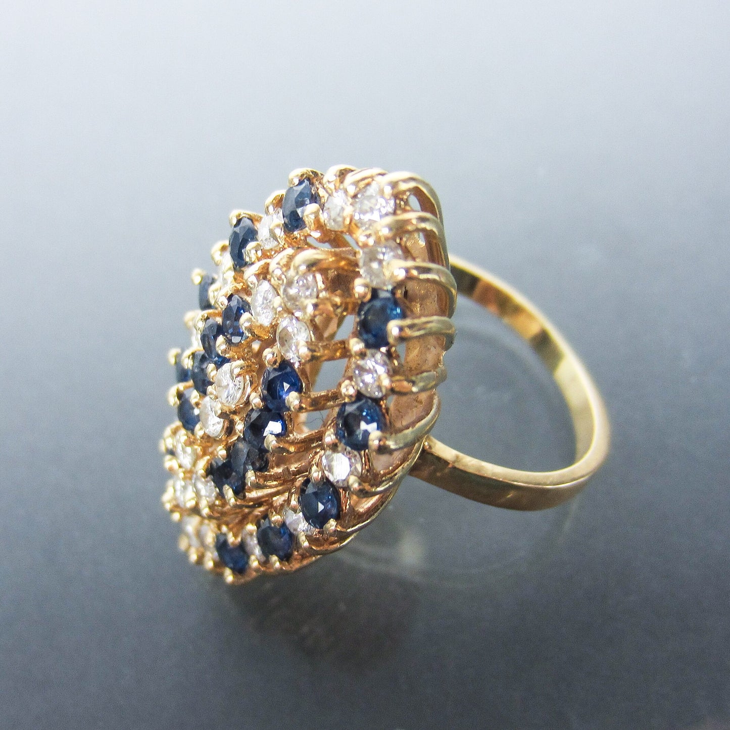 SOLD--GIANT Mid-Century Diamond and Sapphire Navette Cocktail Ring 14k c. 1960