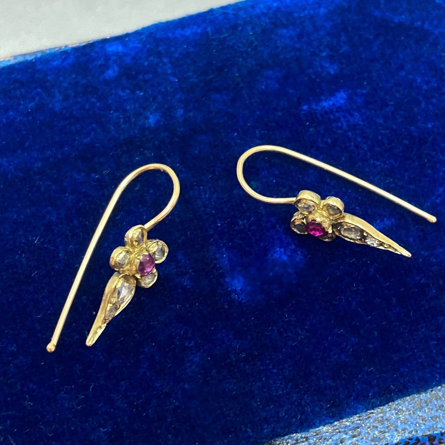 SOLD--Victorian Tiny Rose Cut Diamond and Pink Sapphire Earrings 14k c. 1840