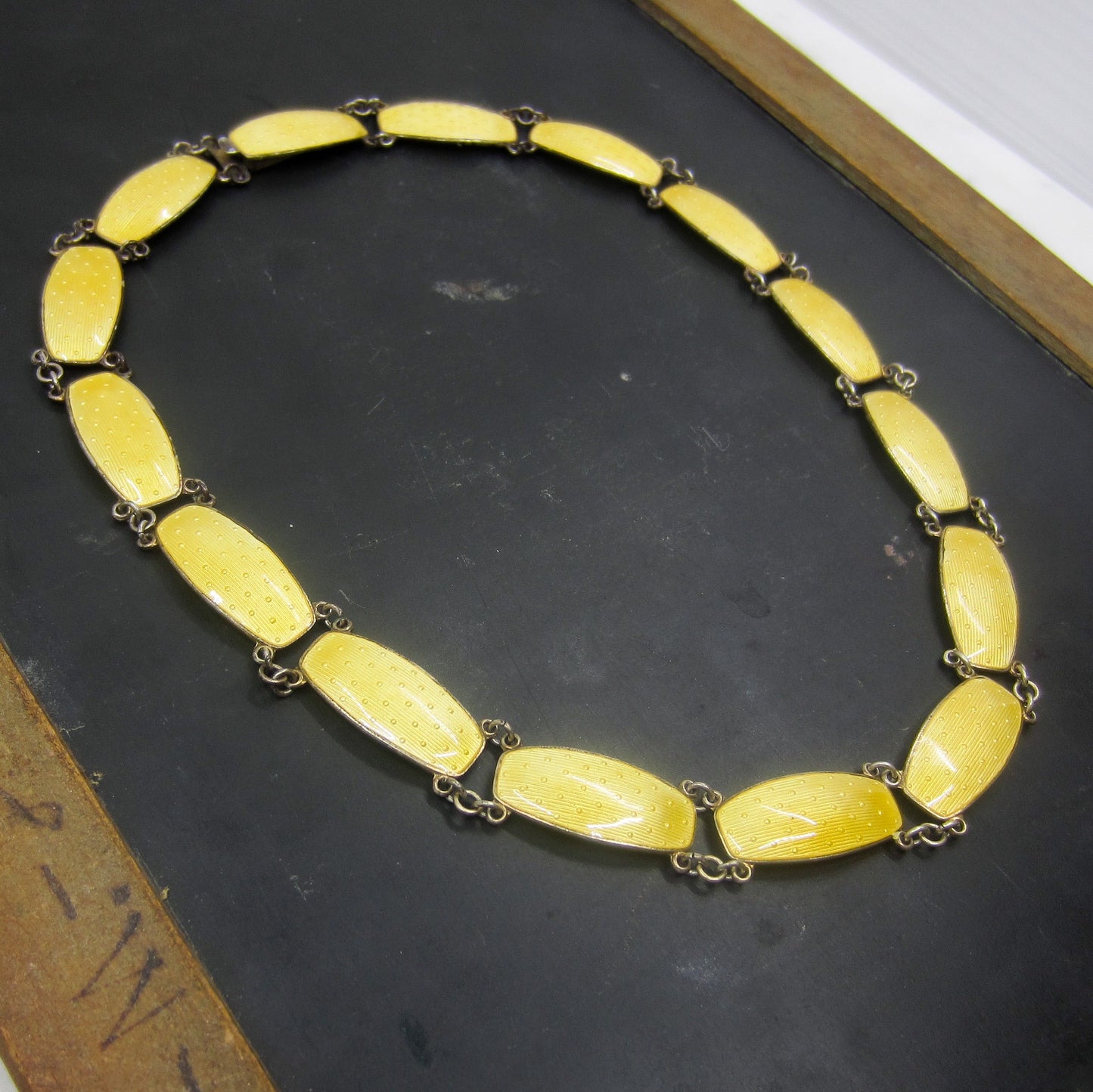 SOLD--Mid-Century Yellow Guilloche Enamel Necklace Sterling, Norway c. 1950