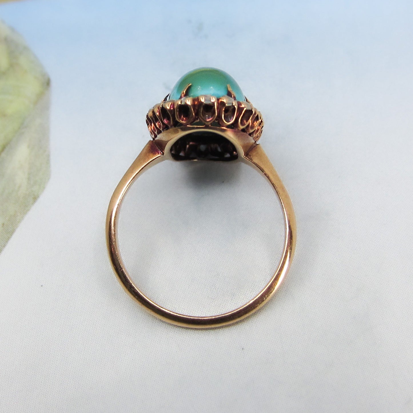 Victorian Turquoise and Rose Cut Diamond Cluster Ring 14k c. 1890