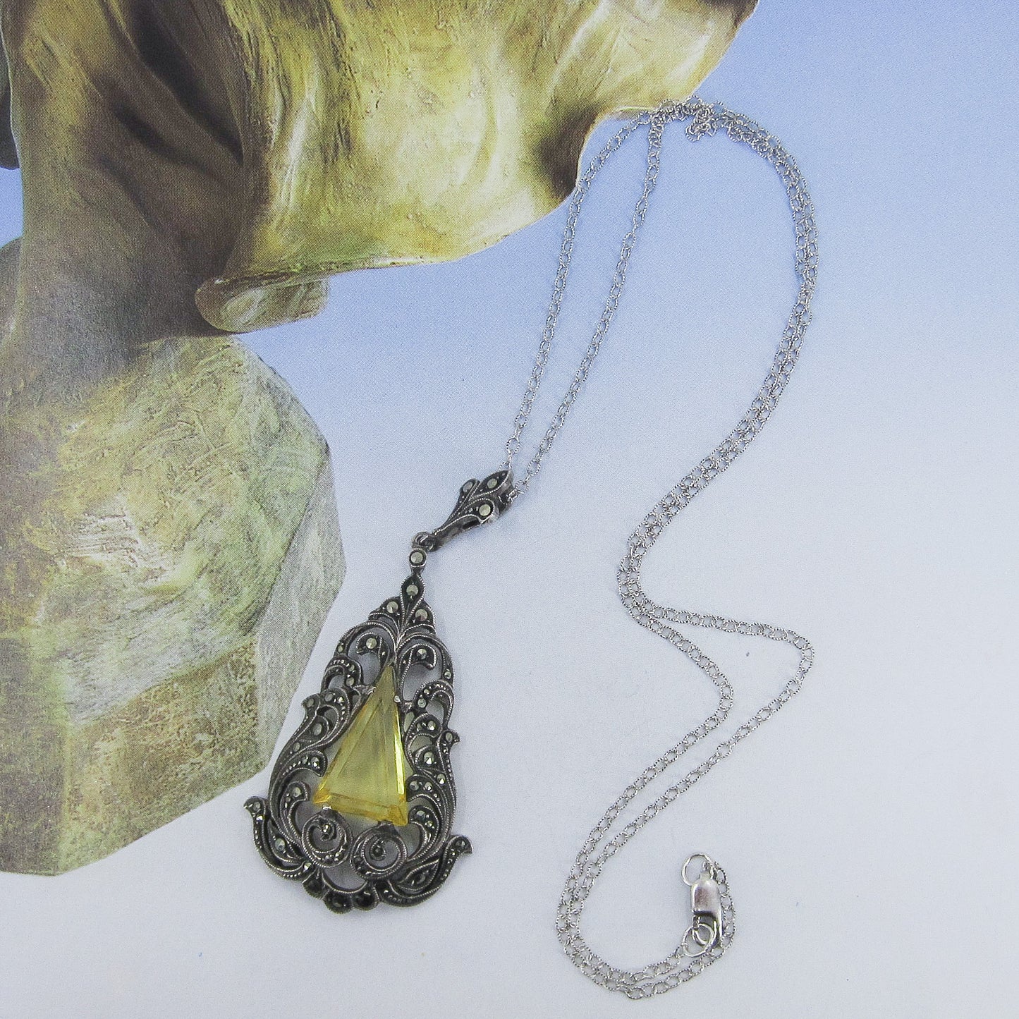 SOLD--Art Deco Marcasite and Yellow Glass Pendant Sterling Silver c. 1930