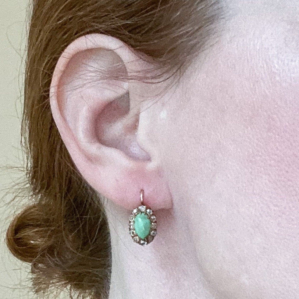 SOLD—Victorian Turquoise and Old Mine Diamond Earrings 14k c. 1880