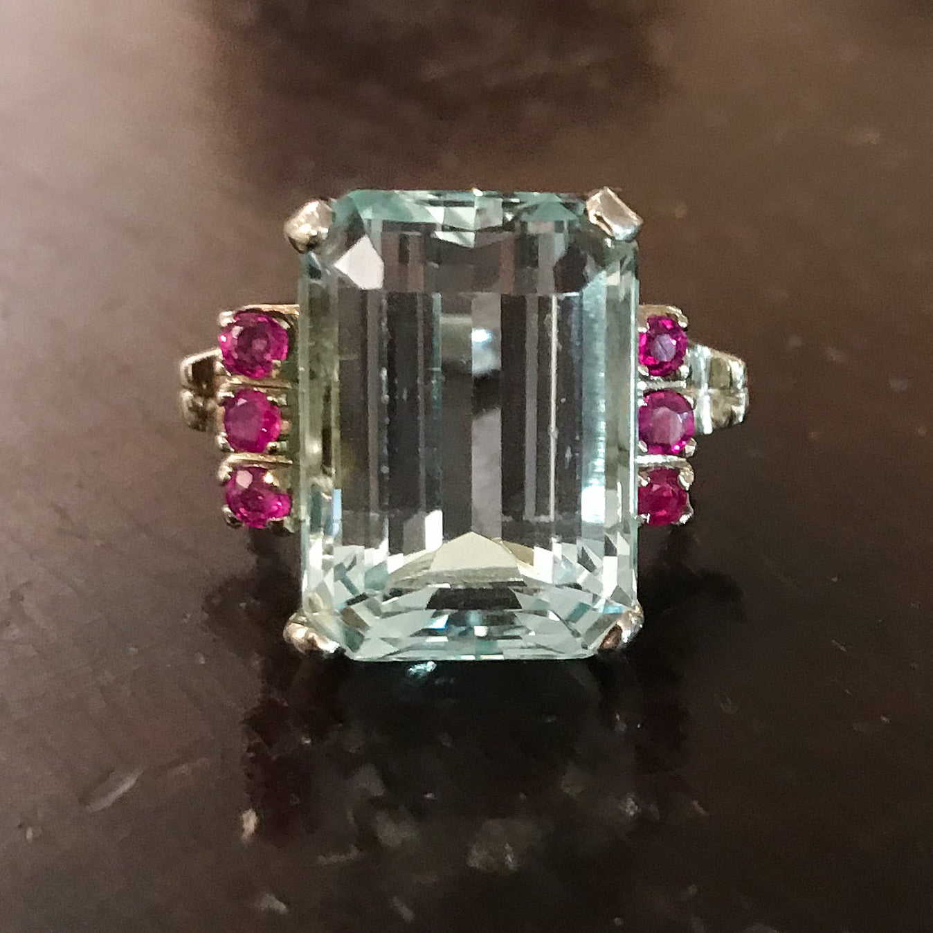 SOLD--Retro Aquamarine and Ruby Ring 14k c. 1940