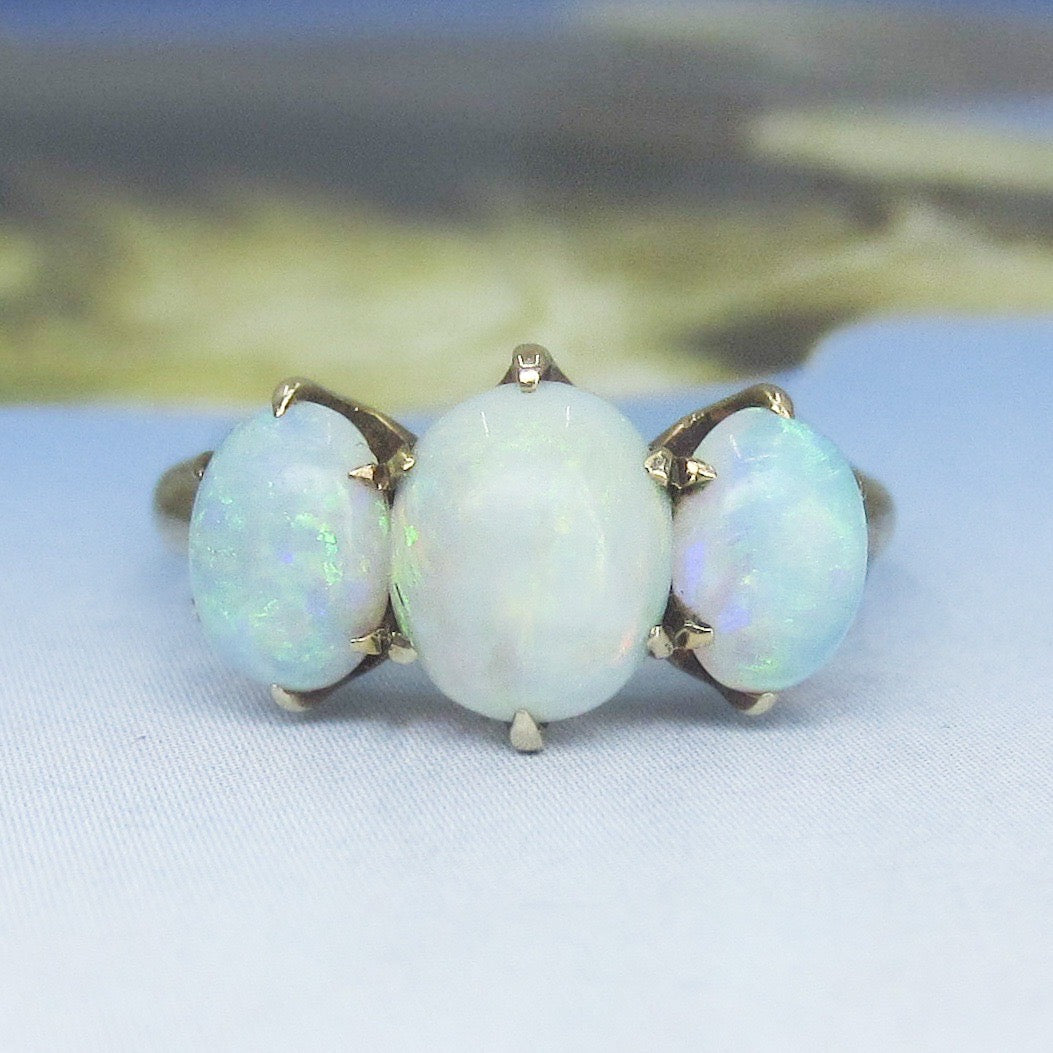 SOLD--Victorian Three Opal Ring 14k c. 1880