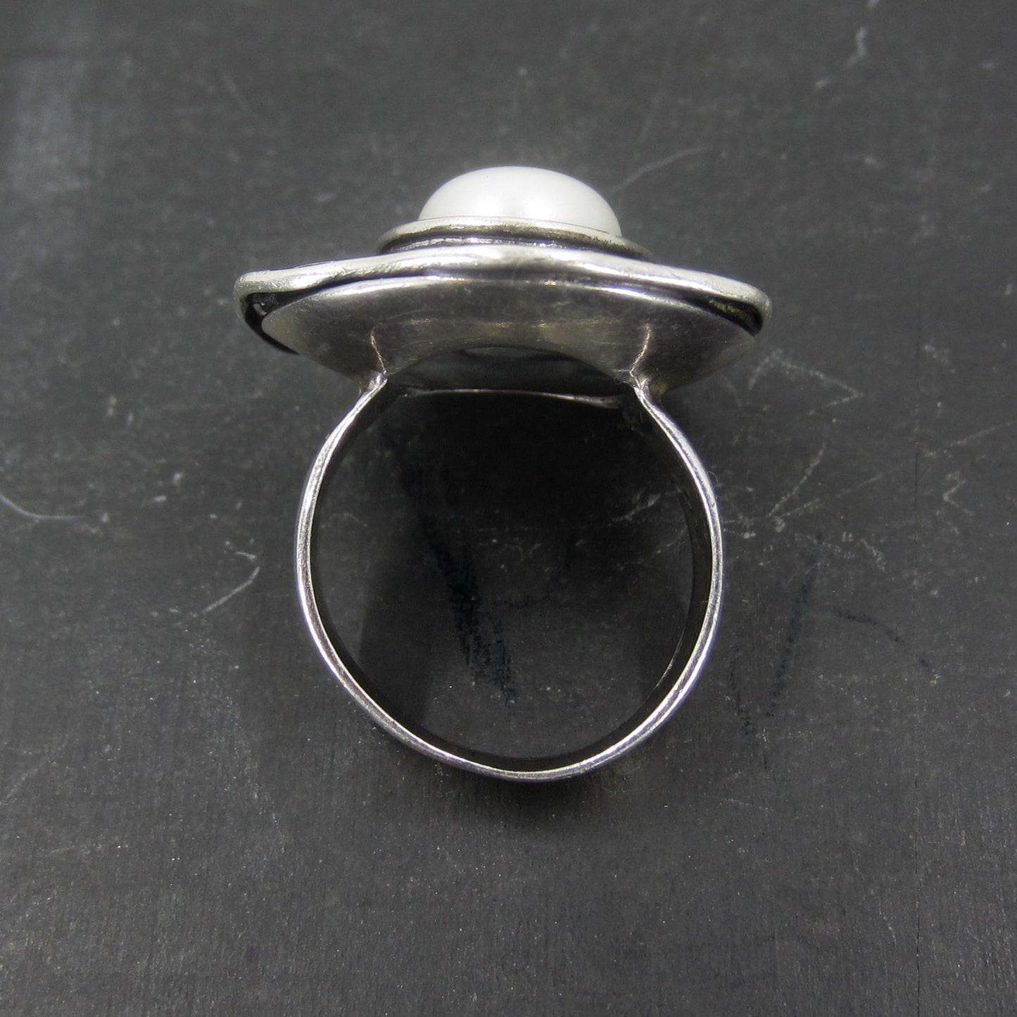 SOLD--Modernist Pearl Ring Sterling Silver c. 1970