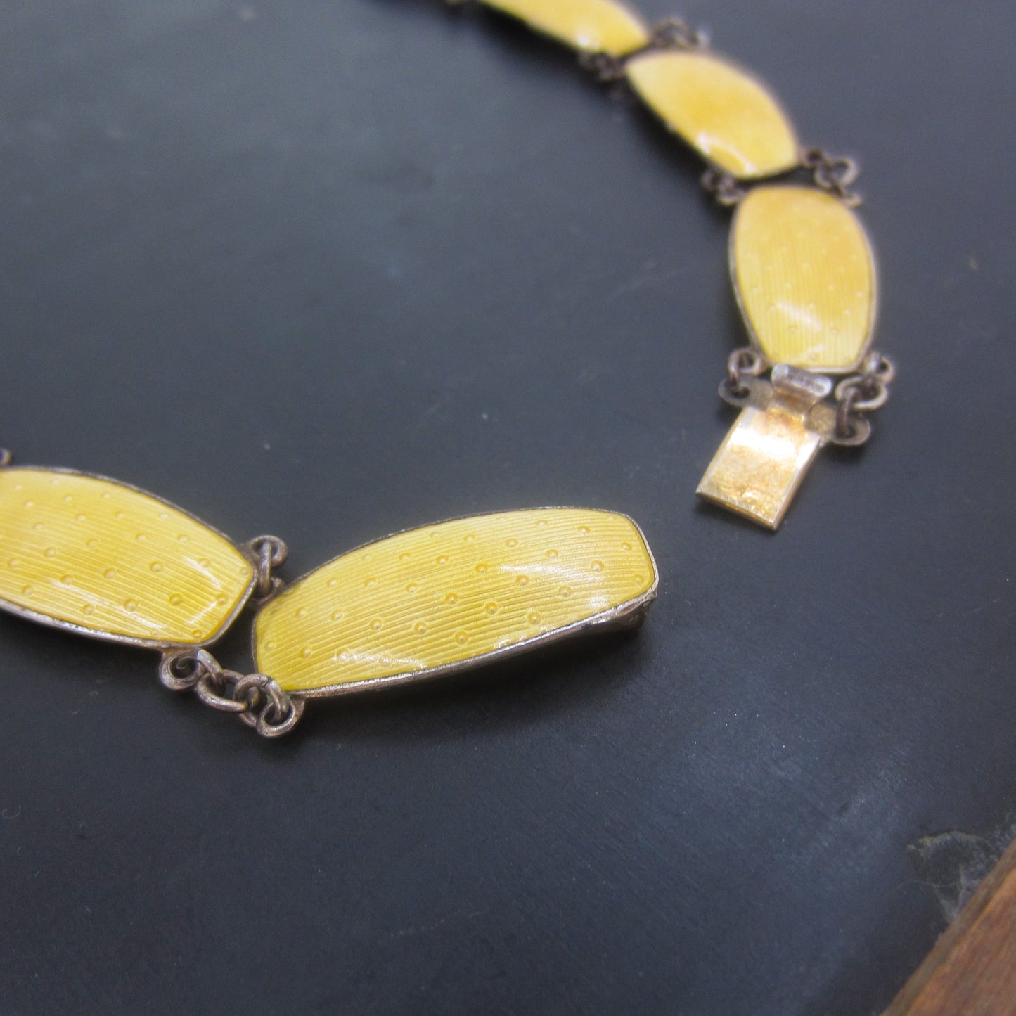 SOLD--Mid-Century Yellow Guilloche Enamel Necklace Sterling, Norway c. 1950