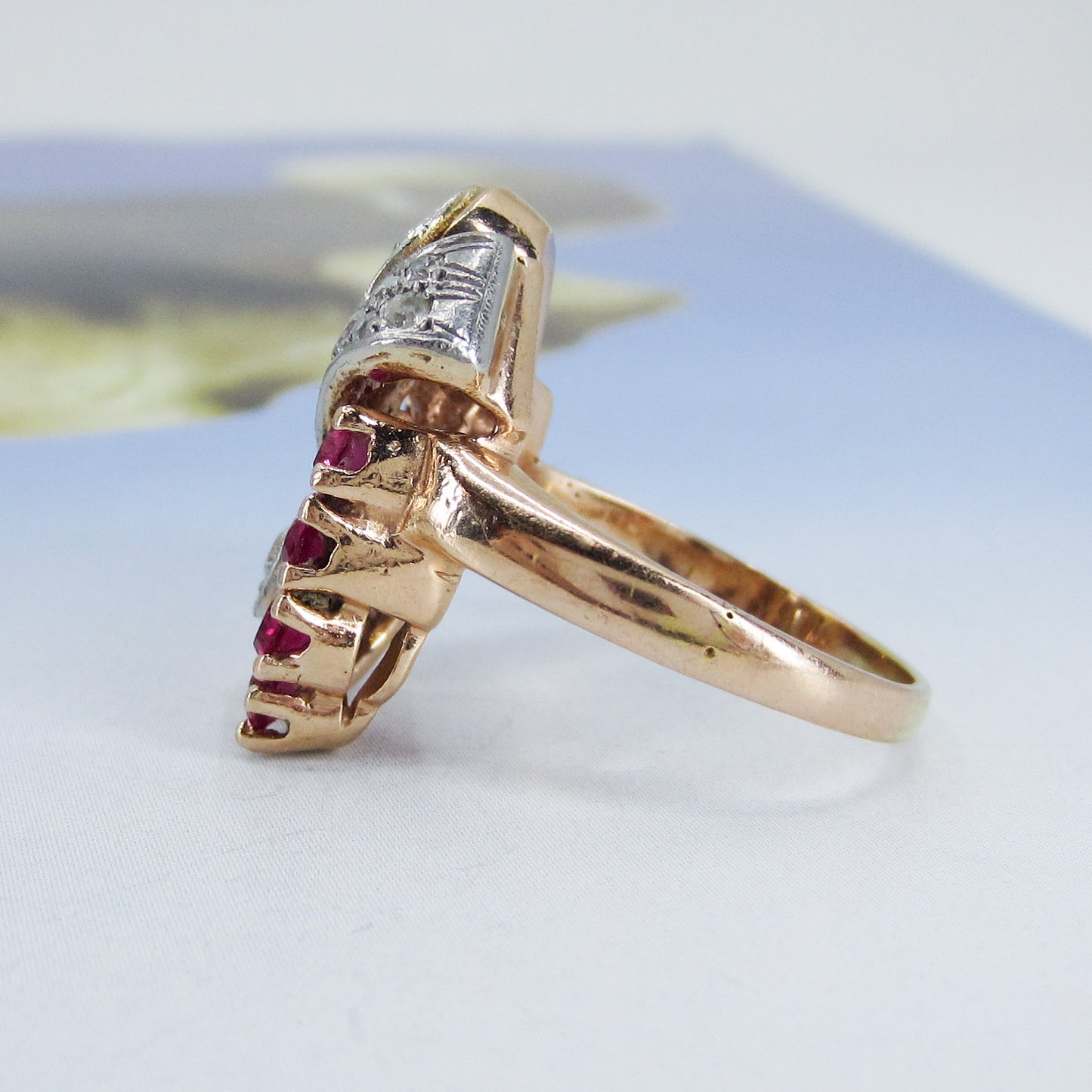 SOLD—Vintage Retro Old Hollywood Diamond and Ruby Ring 14k c. 1940
