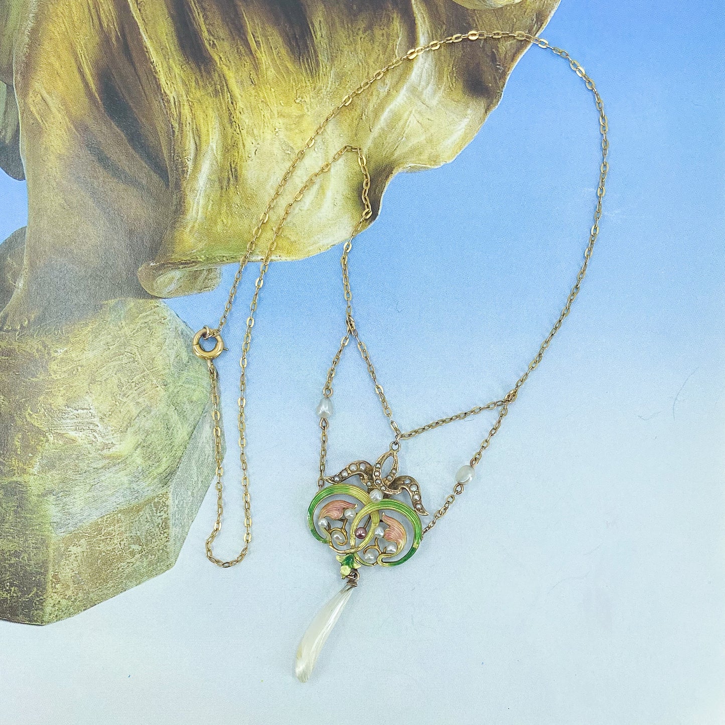 SOLD--Art Nouveau Enamel and Pearl Necklace 14k c. 1900