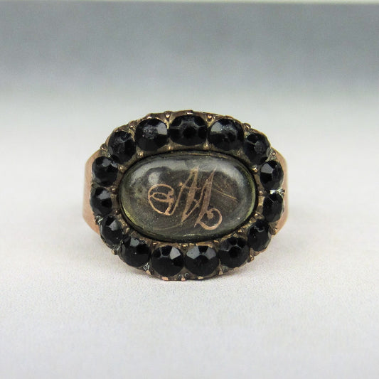 SOLD--Georgian Jet "M" Mourning Ring 12k c. 1808