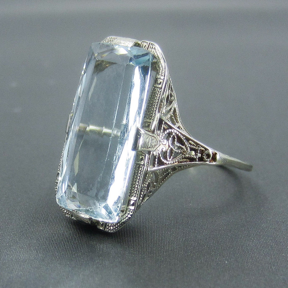 SOLD—Art Deco Aquamarine Filigree Ring 18k c. 1920