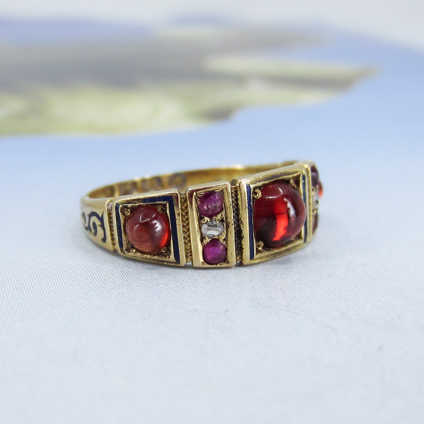 SOLD--Victorian Garnet, Ruby, Diamond and Enamel Band 18k, British c. 1870