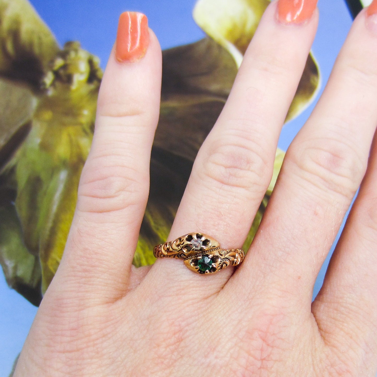 Victorian Rose Cut Diamond and Emerald Doublet Ring 14k c. 1880