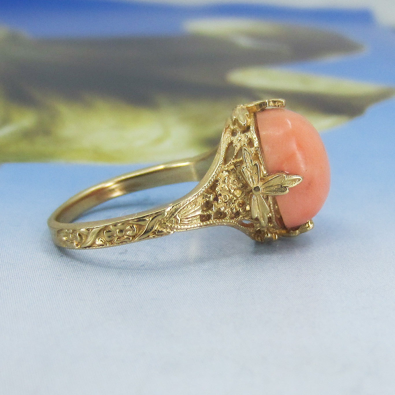 SOLD-Art Deco Coral Filigree Ring 14k c. 1930